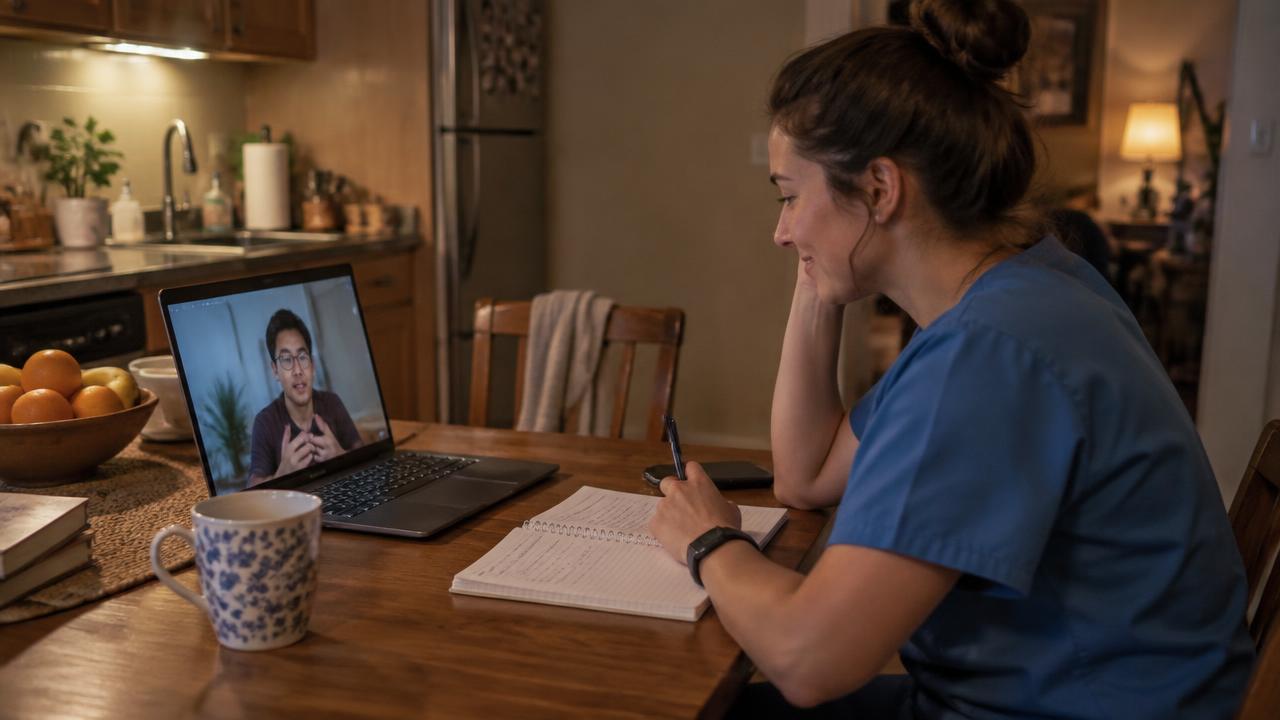 Split scene of a live Spanish tutor on a video call and a physician taking notes during a self-paced lesson