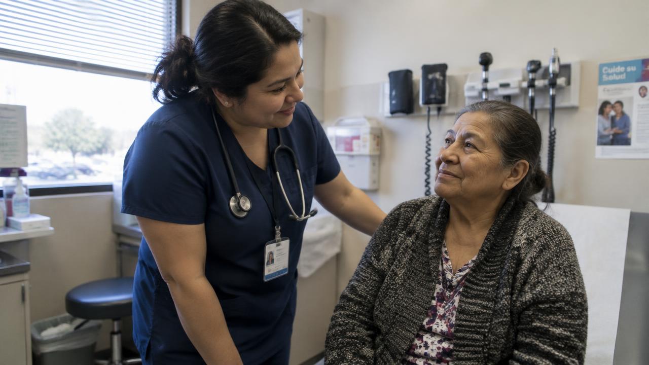 Latina nurse in navy scrubs speaking warmly with an older Hispanic patient in a bright clinic exam room