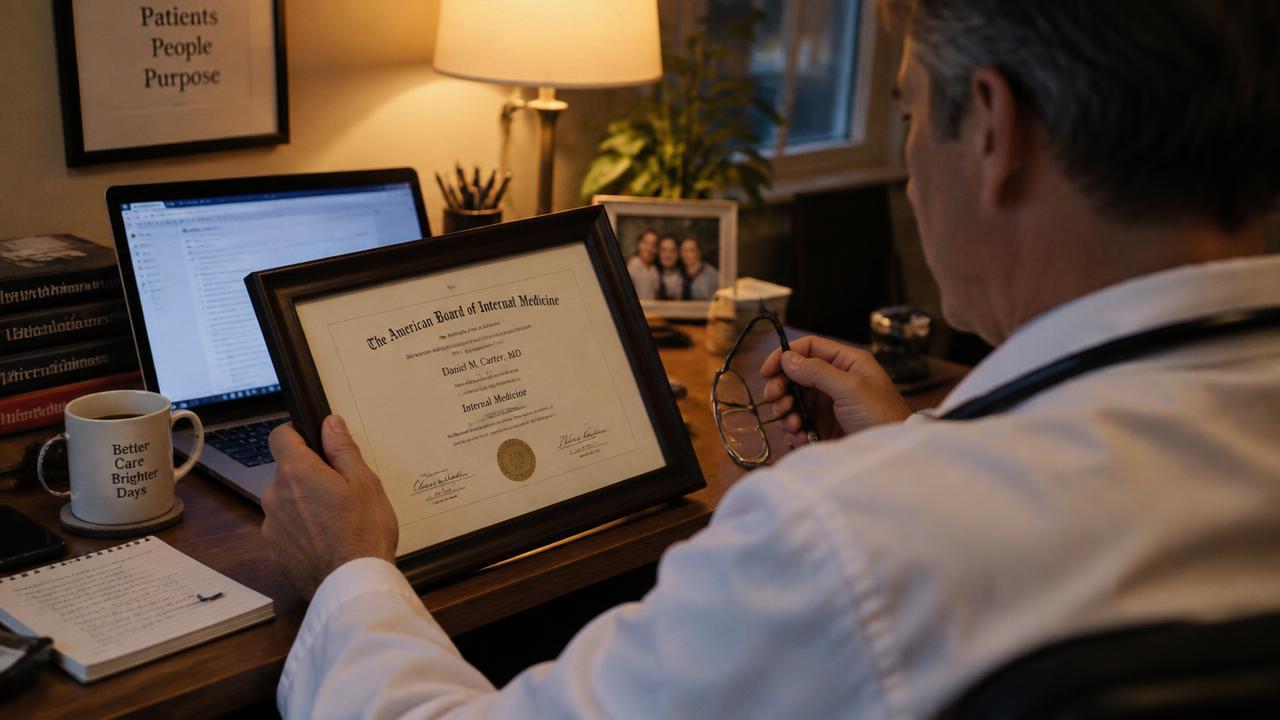 Physician reviewing a CME certificate on a laptop while taking notes at a bright modern desk